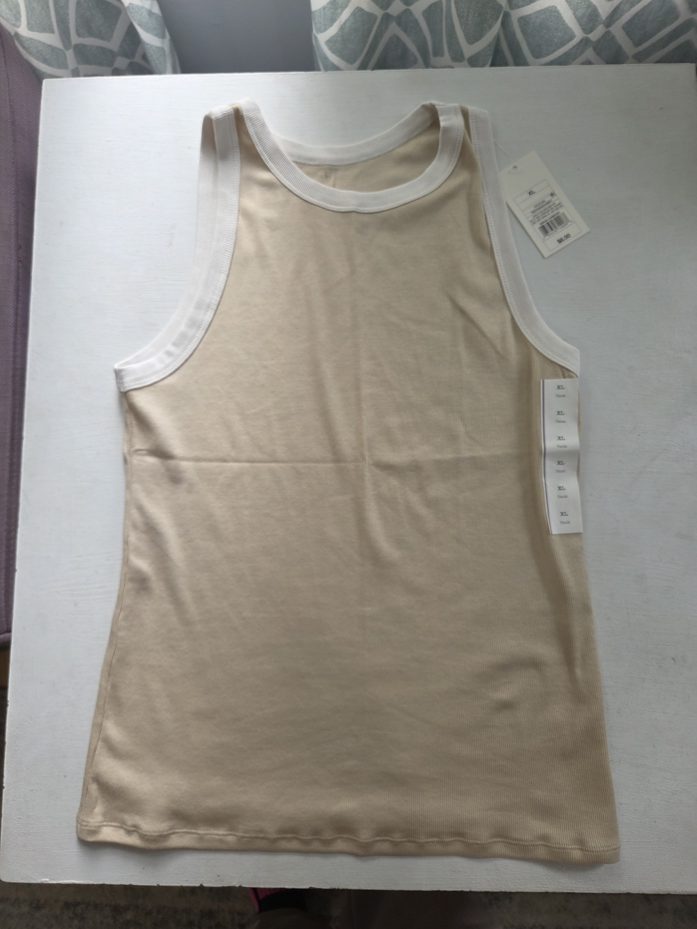a new day Beige Tank Top with White Trim